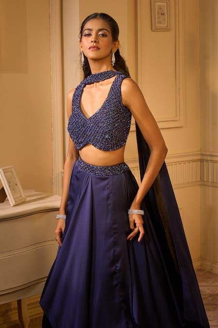 Buy Aariyana Couture Navy Satin Cut Work, Embroidery Cutdana Layered Lehenga Set Buy_Aariyana Couture_Navy Satin Cut Work, Embroidery Cutdana Layered Lehenga Set