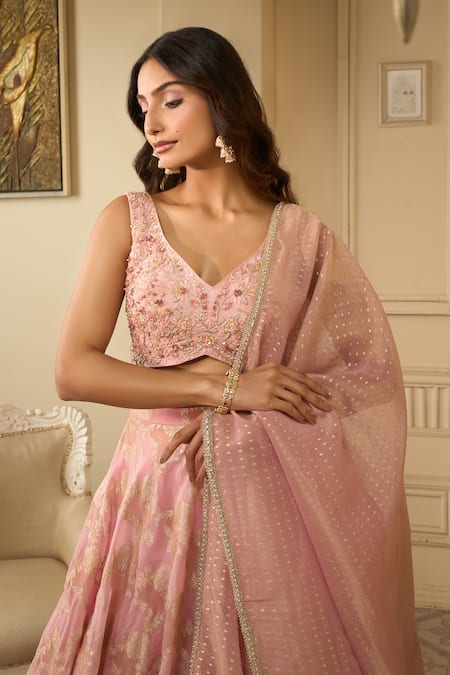 Shop_Aariyana Couture_Pink Silk Beads V-neck Floral Woven Motifs Lehenga Set