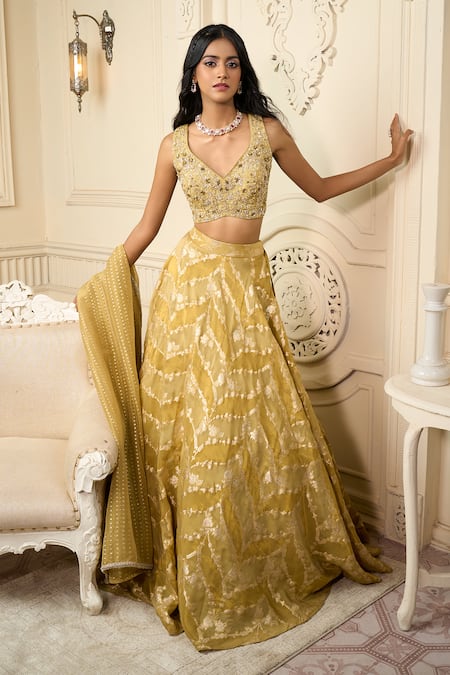 Shop Aariyana Couture Green Silk, Georgette Embroidery, Beads Floral Vine Woven Motifs Lehenga Set at Aza Fashions Shop_Aariyana Couture_Green Silk, Georgette Embroidery, Beads Floral Vine Woven Motifs Lehenga Set_at_Aza_Fashions