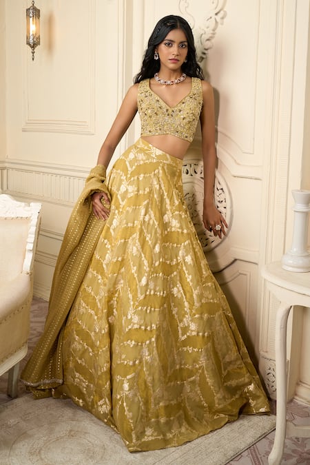 Aariyana Couture Green Silk, Georgette Embroidery, Beads Floral Vine Woven Motifs Lehenga Set Online at Aza Fashions Aariyana Couture_Green Silk, Georgette Embroidery, Beads Floral Vine Woven Motifs Lehenga Set_Online_at_Aza_Fashions