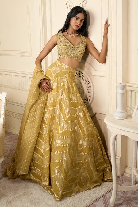 Shop Aariyana Couture Green Silk, Georgette Embroidery, Beads Floral Vine Woven Motifs Lehenga Set Shop_Aariyana Couture_Green Silk, Georgette Embroidery, Beads Floral Vine Woven Motifs Lehenga Set