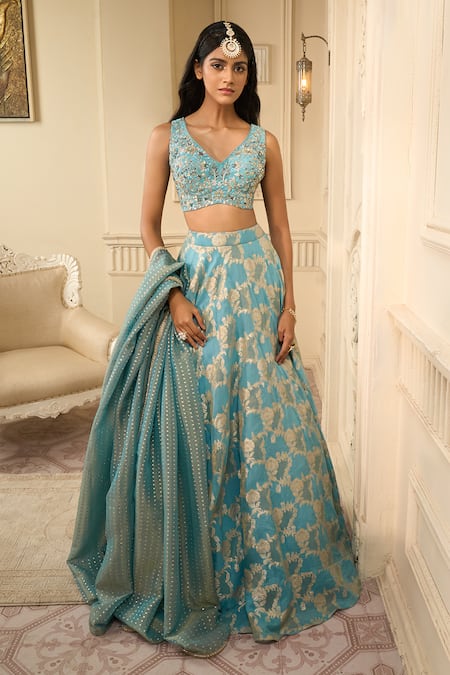 Buy Ariyana By Aza Blue , Brocade, Satin Cut Work, Floral Jaal Woven Motifs Lehenga Set Online at Aza Fashions Buy_Ariyana By Aza_Blue , Brocade, Satin Cut Work, Floral Jaal Woven Motifs Lehenga Set _Online_at_Aza_Fashions