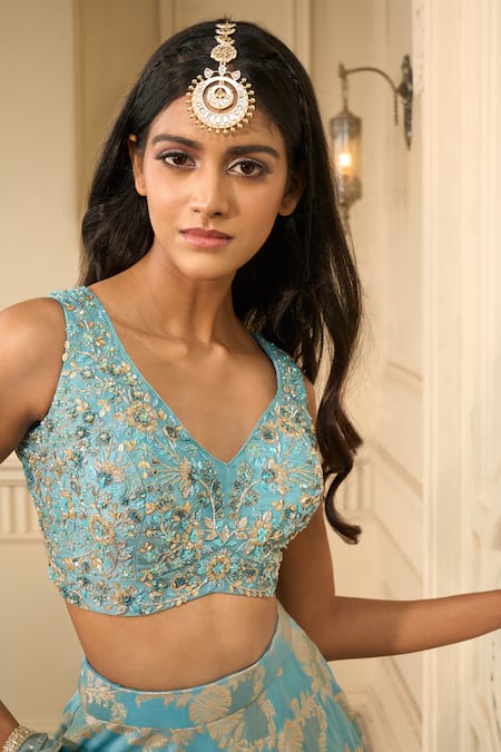 Buy Ariyana By Aza Blue , Brocade, Satin Cut Work, Floral Jaal Woven Motifs Lehenga Set Buy_Ariyana By Aza_Blue , Brocade, Satin Cut Work, Floral Jaal Woven Motifs Lehenga Set