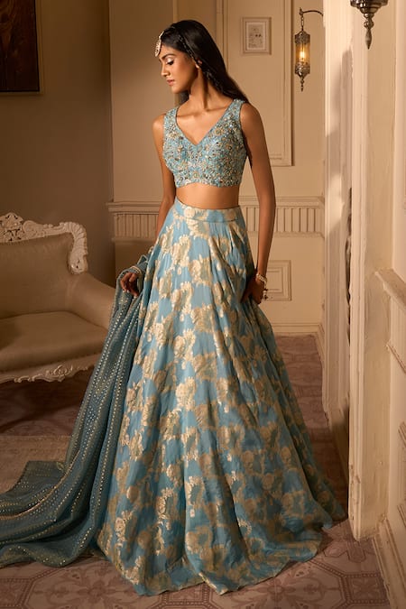 Ariyana By Aza Blue , Brocade, Satin Cut Work, Floral Jaal Woven Motifs Lehenga Set Online at Aza Fashions Ariyana By Aza_Blue , Brocade, Satin Cut Work, Floral Jaal Woven Motifs Lehenga Set _Online_at_Aza_Fashions