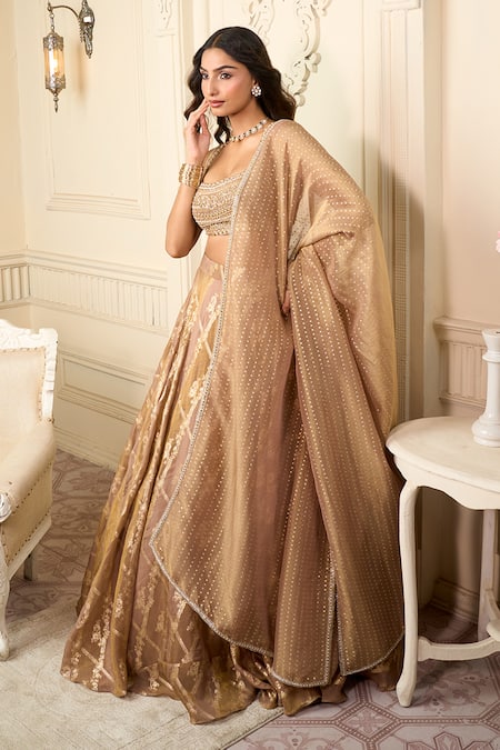 Aariyana Couture_Brown Silk Sequins, Embroidery, Beads Square Geometric Jaal Woven Lehenga Set_Online_at_Aza_Fashions