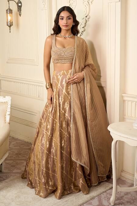 Buy_Aariyana Couture_Brown Silk Sequins, Embroidery, Beads Square Geometric Jaal Woven Lehenga Set_Online_at_Aza_Fashions