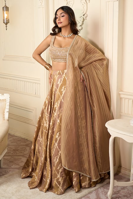 Aariyana Couture_Brown Silk Sequins, Embroidery, Beads Square Geometric Jaal Woven Lehenga Set_at_Aza_Fashions