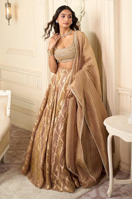 Shop_Aariyana Couture_Brown Silk Sequins, Embroidery, Beads Square Geometric Jaal Woven Lehenga Set