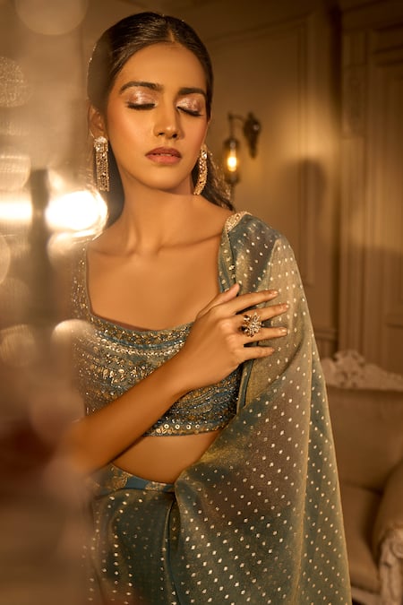 Buy Aariyana Couture Blue Silk Sequins, Embroidery, Zari Square Neck Paisley Woven Motifs Lehenga Set Online at Aza Fashions Buy_Aariyana Couture_Blue Silk Sequins, Embroidery, Zari Square Neck Paisley Woven Motifs Lehenga Set _Online_at_Aza_Fashions