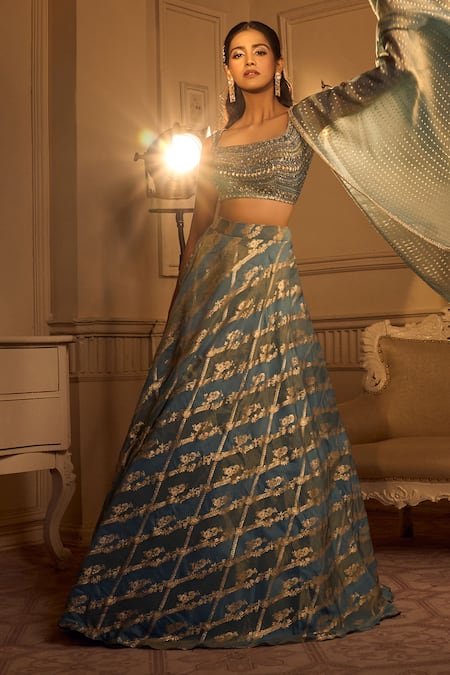 Shop Aariyana Couture Blue Silk Sequins, Embroidery, Zari Square Neck Paisley Woven Motifs Lehenga Set Online at Aza Fashions Shop_Aariyana Couture_Blue Silk Sequins, Embroidery, Zari Square Neck Paisley Woven Motifs Lehenga Set _Online_at_Aza_Fashions