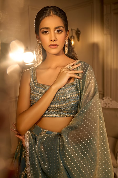 Aariyana Couture Blue Silk Sequins, Embroidery, Zari Square Neck Paisley Woven Motifs Lehenga Set at Aza Fashions Aariyana Couture_Blue Silk Sequins, Embroidery, Zari Square Neck Paisley Woven Motifs Lehenga Set _at_Aza_Fashions