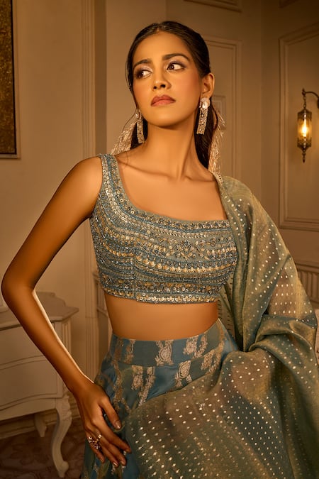 Buy Aariyana Couture Blue Silk Sequins, Embroidery, Zari Square Neck Paisley Woven Motifs Lehenga Set Buy_Aariyana Couture_Blue Silk Sequins, Embroidery, Zari Square Neck Paisley Woven Motifs Lehenga Set