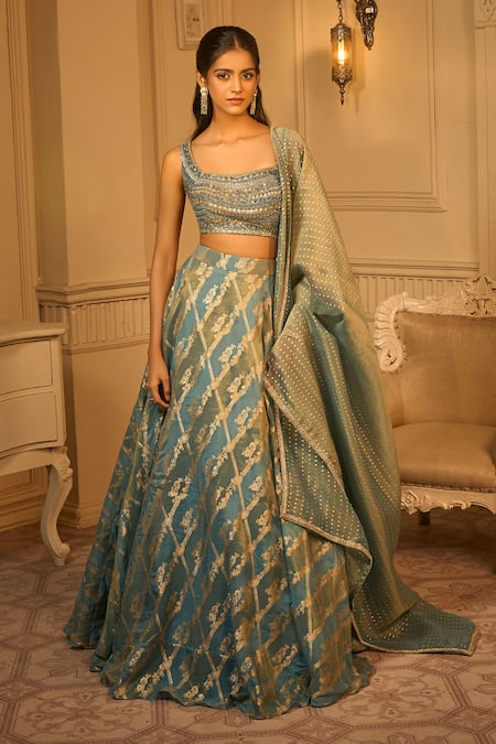 Shop Aariyana Couture Blue Silk Sequins, Embroidery, Zari Square Neck Paisley Woven Motifs Lehenga Set Shop_Aariyana Couture_Blue Silk Sequins, Embroidery, Zari Square Neck Paisley Woven Motifs Lehenga Set