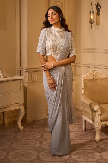 Shop Aariyana Couture Gray Georgette Sequins, Cut Work, Embroidery High Floral Pre-draped Saree Set at Aza Fashions Shop_Aariyana Couture_Gray Georgette Sequins, Cut Work, Embroidery High Floral Pre-draped Saree Set_at_Aza_Fashions