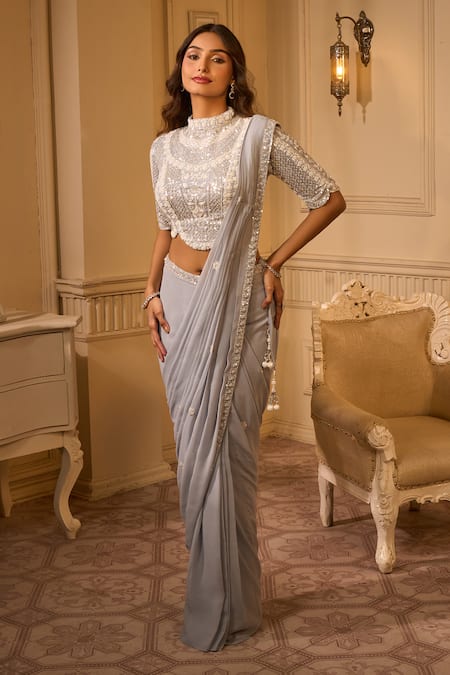 Buy Aariyana Couture Gray Georgette Sequins, Cut Work, Embroidery High Floral Pre-draped Saree Set Online at Aza Fashions Buy_Aariyana Couture_Gray Georgette Sequins, Cut Work, Embroidery High Floral Pre-draped Saree Set_Online_at_Aza_Fashions