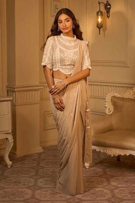 Aariyana Couture Beige Georgette Sequins, Cut Work, Embroidery Geometric Pre-draped Saree Set Online at Aza Fashions Aariyana Couture_Beige Georgette Sequins, Cut Work, Embroidery Geometric Pre-draped Saree Set_Online_at_Aza_Fashions