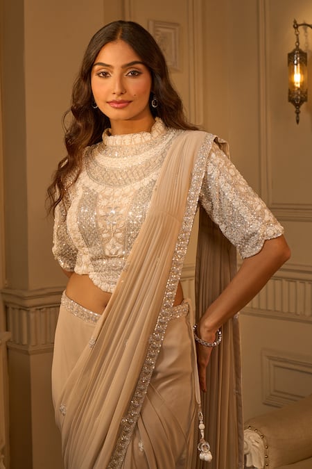 Aariyana Couture Beige Georgette Sequins, Cut Work, Embroidery Geometric Pre-draped Saree Set at Aza Fashions Aariyana Couture_Beige Georgette Sequins, Cut Work, Embroidery Geometric Pre-draped Saree Set_at_Aza_Fashions