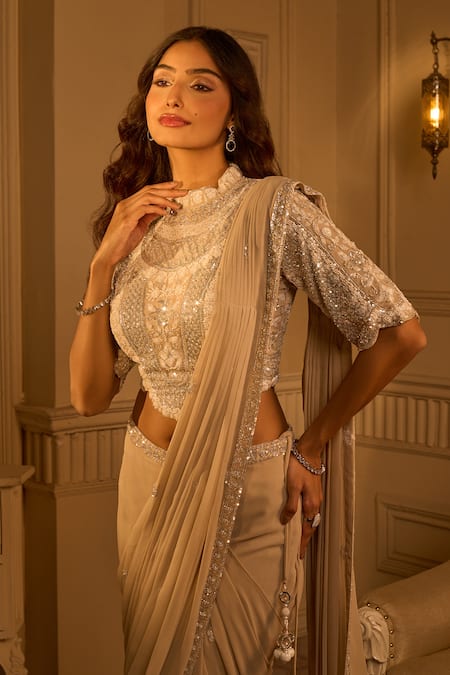 Shop Aariyana Couture Beige Georgette Sequins, Cut Work, Embroidery Geometric Pre-draped Saree Set Shop_Aariyana Couture_Beige Georgette Sequins, Cut Work, Embroidery Geometric Pre-draped Saree Set