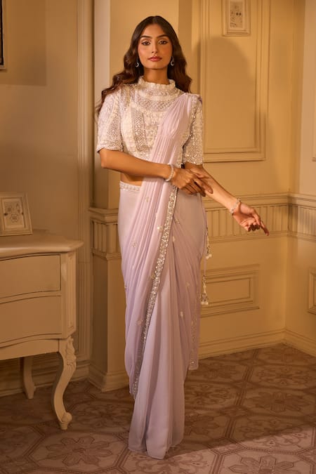 Buy_Aariyana Couture_White Georgette Sequins, Cut Work, Embroidery High Neck Pre-draped Saree Set