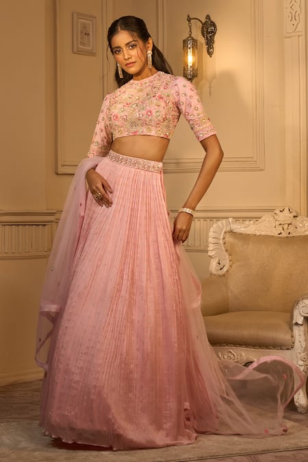 Shop_Aariyana Couture_Pink Georgette, Brocade, Net Pleated Lehenga Set With Embroidered Blouse _Online_at_Aza_Fashions