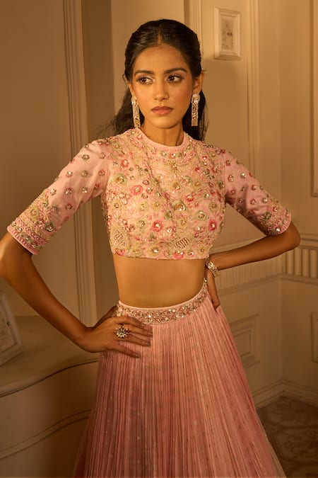 Aariyana Couture_Pink Georgette, Brocade, Net Pleated Lehenga Set With Embroidered Blouse _at_Aza_Fashions
