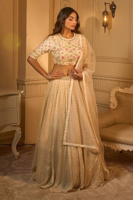 Ariyana By Aza_Beige Chiffon, Silk Embroidery, Sequins Round Pleated Woven Motif Lehenga Set _Online_at_Aza_Fashions