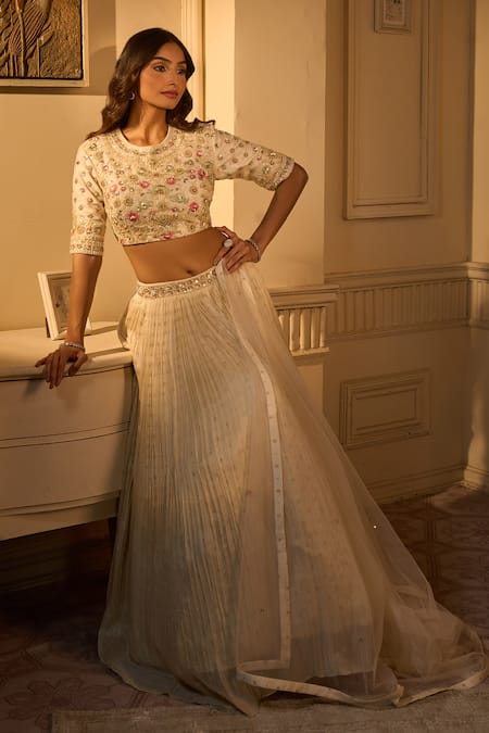 Buy_Ariyana By Aza_Beige Chiffon, Silk Embroidery, Sequins Round Pleated Woven Motif Lehenga Set _Online_at_Aza_Fashions