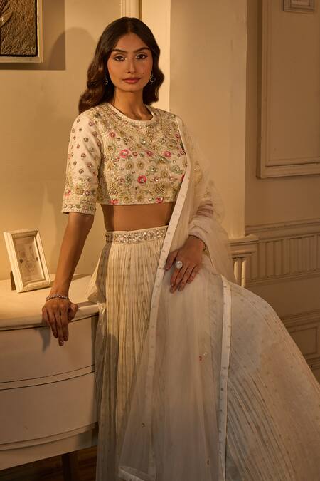Ariyana By Aza_Beige Chiffon, Silk Embroidery, Sequins Round Pleated Woven Motif Lehenga Set _at_Aza_Fashions