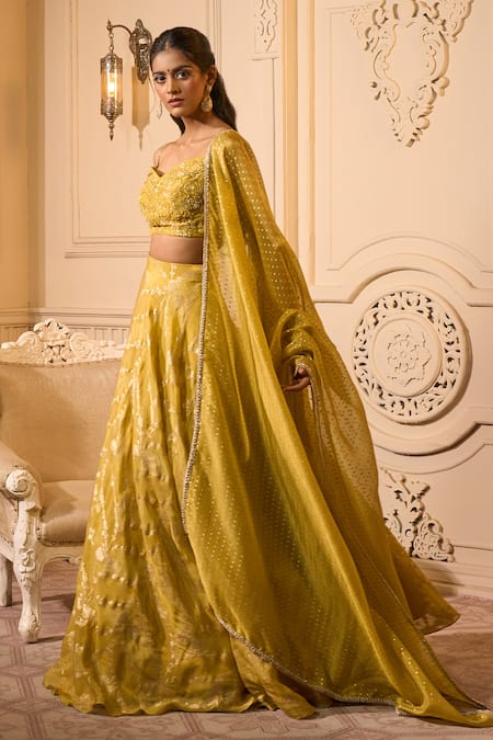 Aariyana Couture_Yellow Georgette Beads, Embroidery, Sequins Floral Pleated Lehenga Set_Online_at_Aza_Fashions