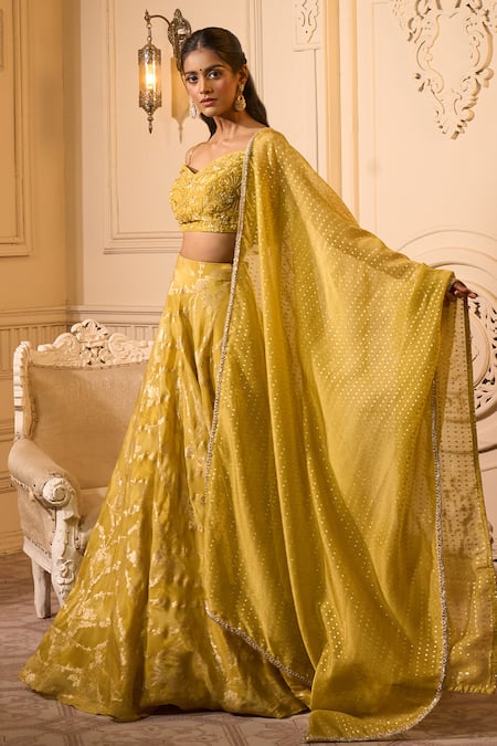 Aariyana Couture_Yellow Georgette Beads, Embroidery, Sequins Floral Pleated Lehenga Set_at_Aza_Fashions