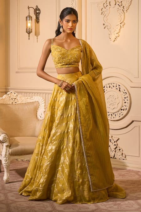 Shop_Aariyana Couture_Yellow Georgette Beads, Embroidery, Sequins Floral Pleated Lehenga Set_at_Aza_Fashions
