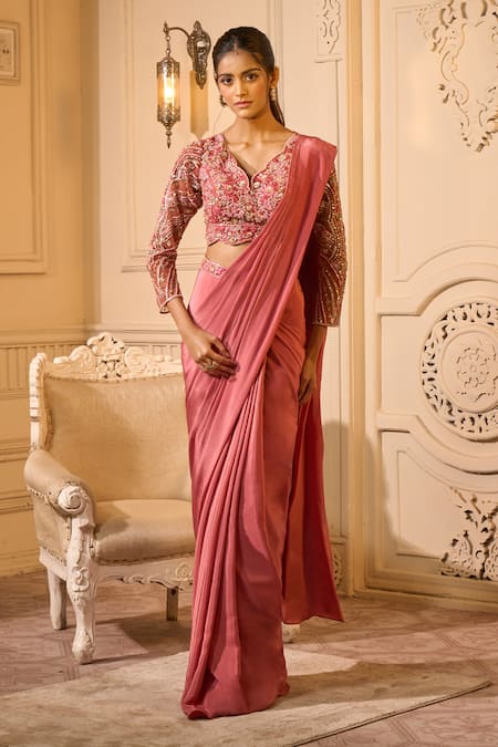 Aariyana Couture Pink Crepe Sequins, Beads, Embroidery, Cut Work Scoop Blouse And Pre-draped Saree Online at Aza Fashions Aariyana Couture_Pink Crepe Sequins, Beads, Embroidery, Cut Work Scoop Blouse And Pre-draped Saree_Online_at_Aza_Fashions