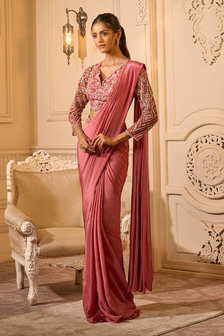 Buy Aariyana Couture Pink Crepe Sequins, Beads, Embroidery, Cut Work Scoop Blouse And Pre-draped Saree Online at Aza Fashions Buy_Aariyana Couture_Pink Crepe Sequins, Beads, Embroidery, Cut Work Scoop Blouse And Pre-draped Saree_Online_at_Aza_Fashions