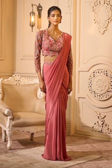 Buy Aariyana Couture Pink Crepe Sequins, Beads, Embroidery, Cut Work Scoop Blouse And Pre-draped Saree Buy_Aariyana Couture_Pink Crepe Sequins, Beads, Embroidery, Cut Work Scoop Blouse And Pre-draped Saree