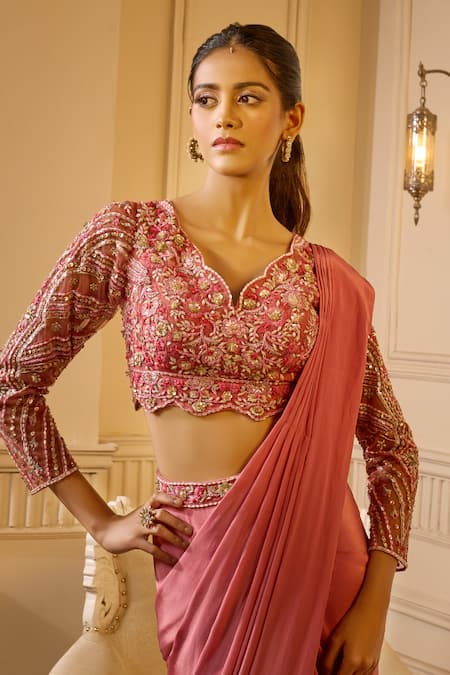 Shop Aariyana Couture Pink Crepe Sequins, Beads, Embroidery, Cut Work Scoop Blouse And Pre-draped Saree Shop_Aariyana Couture_Pink Crepe Sequins, Beads, Embroidery, Cut Work Scoop Blouse And Pre-draped Saree