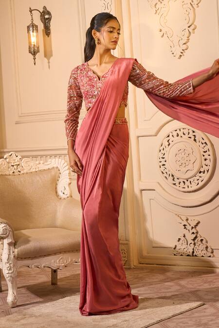 Shop Aariyana Couture Pink Crepe Sequins, Beads, Embroidery, Cut Work Scoop Blouse And Pre-draped Saree at Aza Fashions Shop_Aariyana Couture_Pink Crepe Sequins, Beads, Embroidery, Cut Work Scoop Blouse And Pre-draped Saree_at_Aza_Fashions