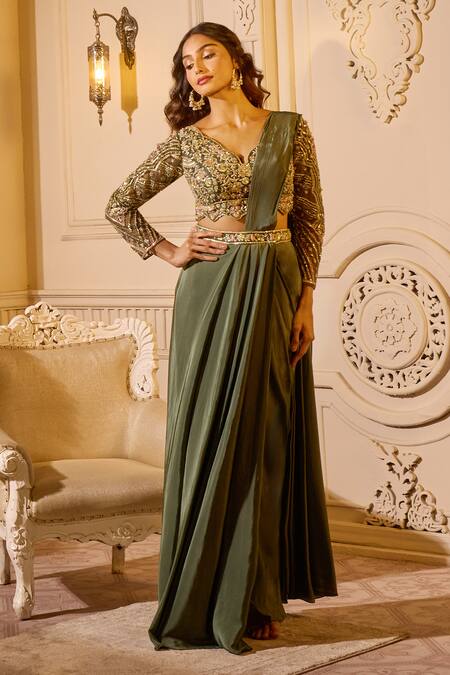 Aariyana Couture_Green Crepe Sequins, Beads, Embroidery, Cut Work Pleated Pre-draped Saree Set _Online_at_Aza_Fashions