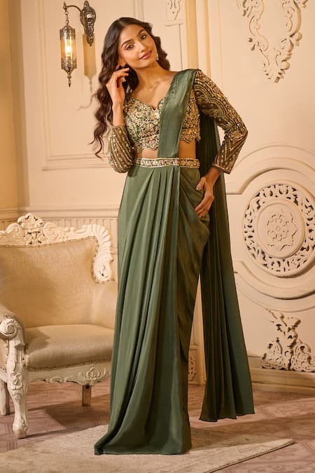 Aariyana Couture_Green Crepe Sequins, Beads, Embroidery, Cut Work Pleated Pre-draped Saree Set _at_Aza_Fashions