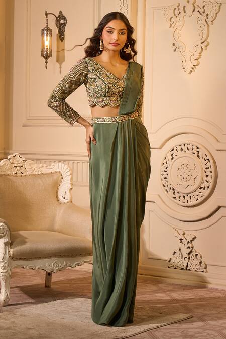 Shop_Aariyana Couture_Green Crepe Sequins, Beads, Embroidery, Cut Work Pleated Pre-draped Saree Set 