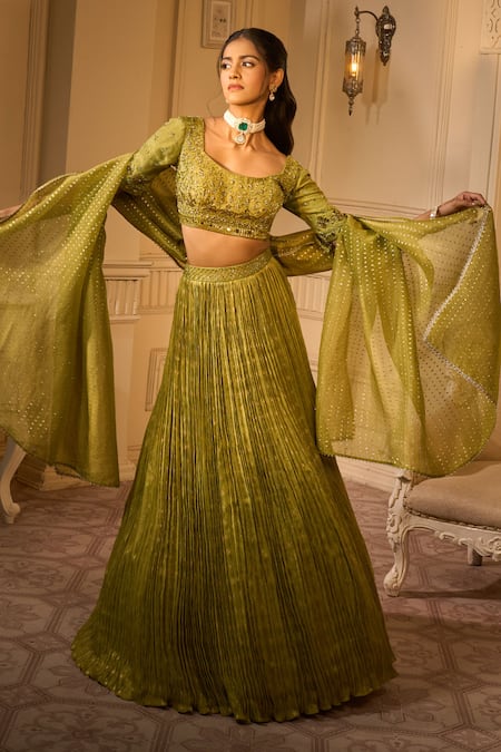 Aariyana Couture_Green Brocade, Silk Sequins, Embroidery Square Woven Floral Banarasi Lehenga Set _at_Aza_Fashions