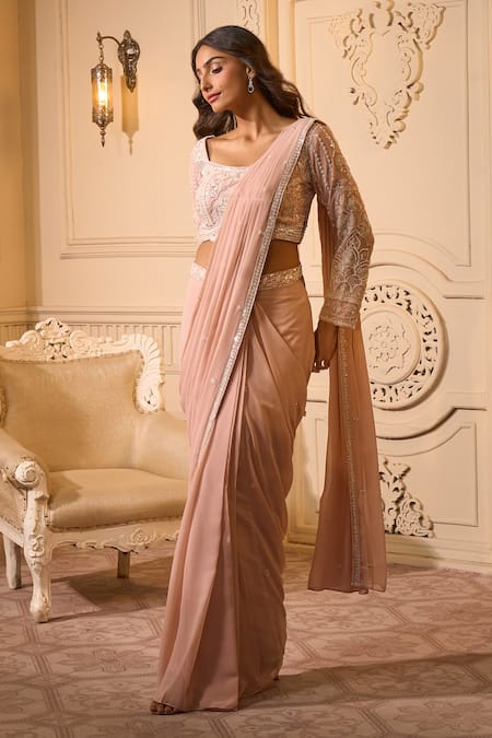 Buy_Aariyana Couture_Peach Chiffon, Cotton Embroidery, Sequins Square Neck Floral Pre-draped Saree_Online_at_Aza_Fashions