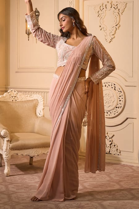 Buy_Aariyana Couture_Peach Chiffon, Cotton Embroidery, Sequins Square Neck Floral Pre-draped Saree
