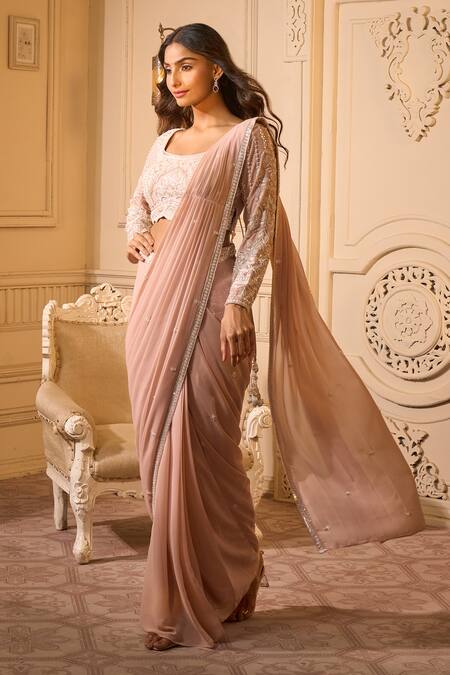 Shop_Aariyana Couture_Peach Chiffon, Cotton Embroidery, Sequins Square Neck Floral Pre-draped Saree