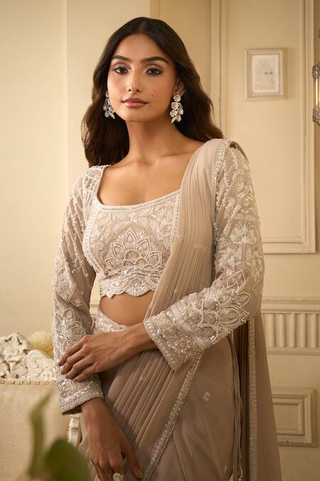 Aariyana Couture Beige Georgette Sequins, Cut Work, Embroidery Round Neck Pre-draped Saree Set at Aza Fashions Aariyana Couture_Beige Georgette Sequins, Cut Work, Embroidery Round Neck Pre-draped Saree Set _at_Aza_Fashions