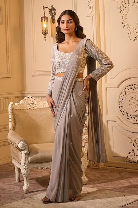 Shop Aariyana Couture Gray Chiffon Embroidery, Sequins Square Neck Blouse With Grey Pre-draped Saree at Aza Fashions Shop_Aariyana Couture_Gray Chiffon Embroidery, Sequins Square Neck Blouse With Grey Pre-draped Saree_at_Aza_Fashions