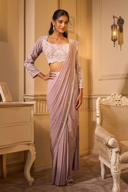 Aariyana Couture Lavender Georgette Sequins, Cut Work, Embroidery Floral Pre-draped Saree Set at Aza Fashions Aariyana Couture_Lavender Georgette Sequins, Cut Work, Embroidery Floral Pre-draped Saree Set_at_Aza_Fashions