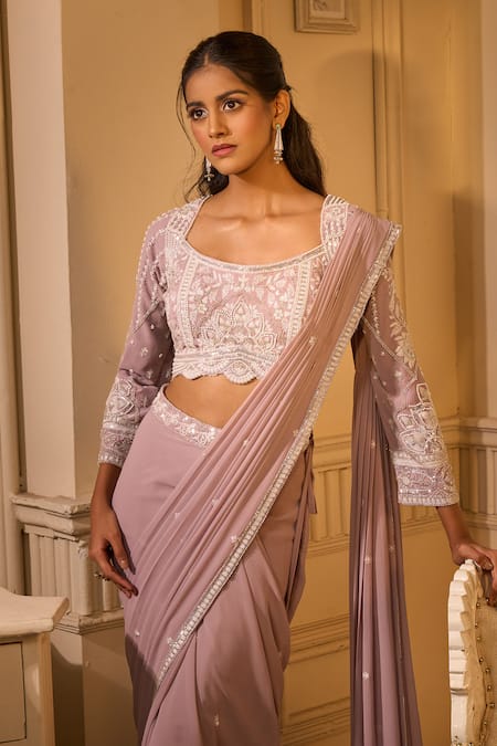 Buy Aariyana Couture Lavender Georgette Sequins, Cut Work, Embroidery Floral Pre-draped Saree Set Buy_Aariyana Couture_Lavender Georgette Sequins, Cut Work, Embroidery Floral Pre-draped Saree Set