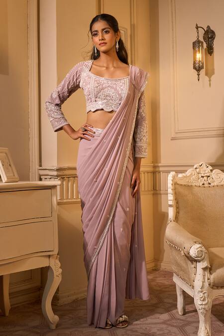 Shop Aariyana Couture Lavender Georgette Sequins, Cut Work, Embroidery Floral Pre-draped Saree Set Shop_Aariyana Couture_Lavender Georgette Sequins, Cut Work, Embroidery Floral Pre-draped Saree Set