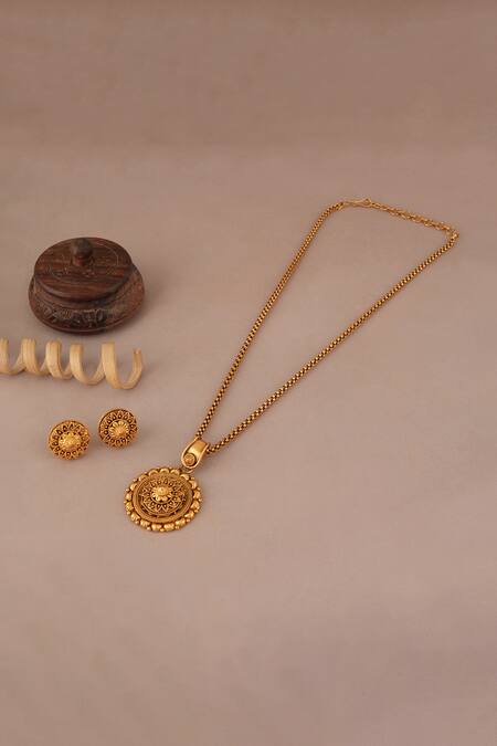Shop Smars Jewelry Gold Plated Antique Pendant And Stud Earring Set at Aza Fashions Shop_Smars Jewelry_Gold Plated Antique Pendant And Stud Earring Set_at_Aza_Fashions