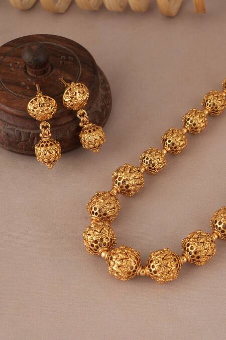Shop_Smars Jewelry_Gold Plated Antique Mala Set And Earrings_Online_at_Aza_Fashions